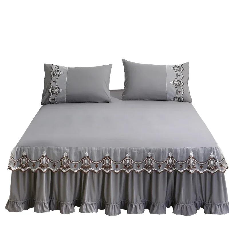 3pcs Bed Skirt Set with Ruffle Lace Anti Slip 1 8x2 0m Bed Cover Solid Mattress Dust Cover Pillowcase