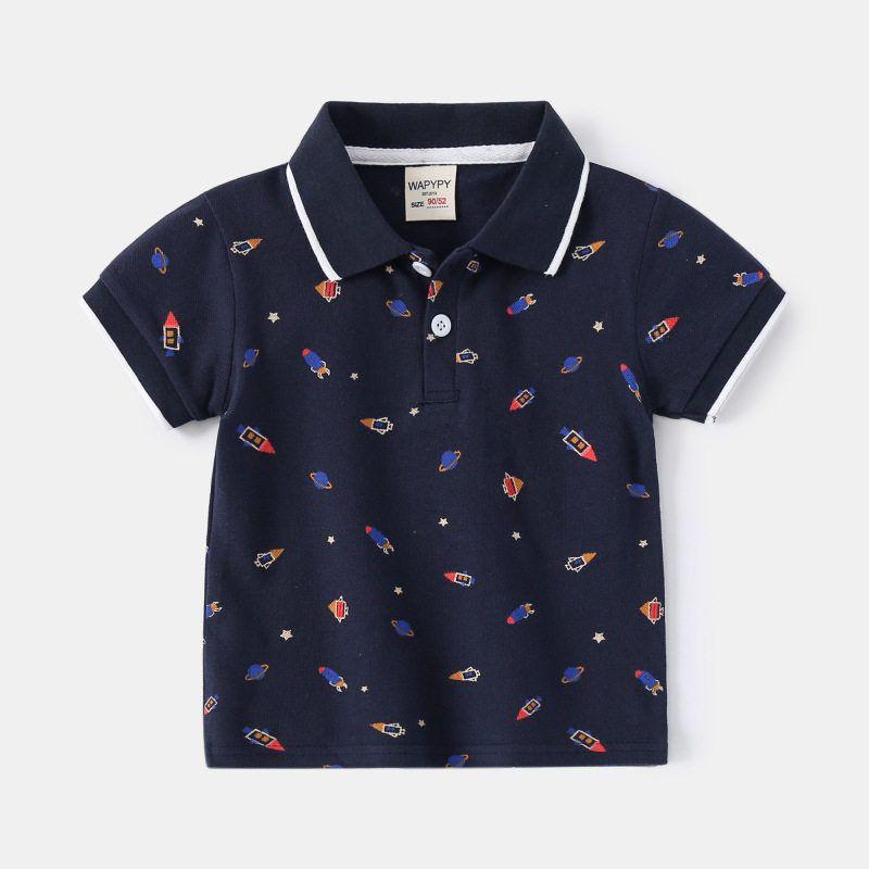 Boys' Half-Sleeve Polo Shirt, Summer Children's Clothing, Kids' Short-Sleeve T-Shirt with All-Over Dinosaur Print, Baby Boy Rocket Shirt