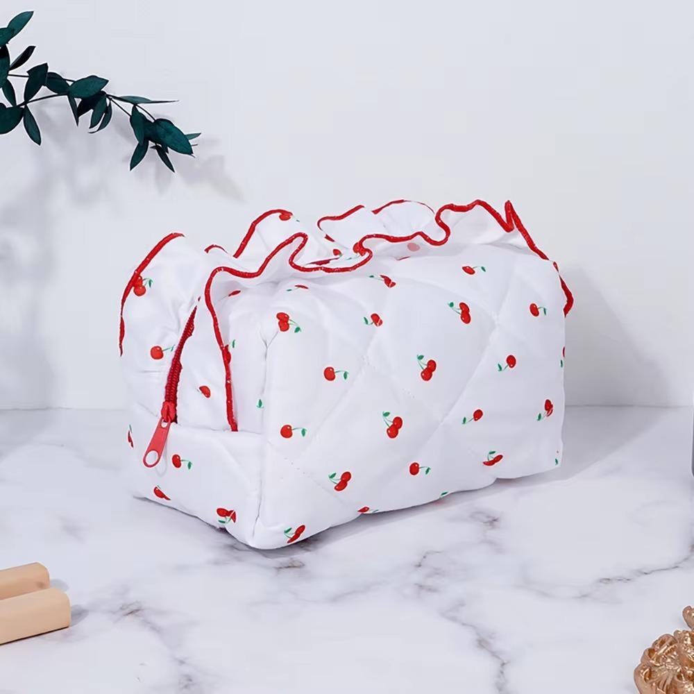 Cherry Printed Ruffle Makeup Bag Large Capacity Wash Storage Bag Toiletry Organizer  Outdoor