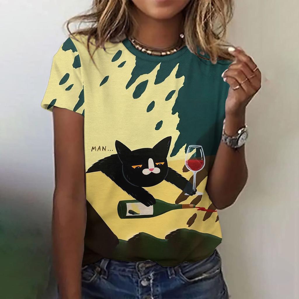 Женская модная футболка с круглым вырезом, летняя одежда, забавная повседневная футболка с коротким рукавом и принтом кота, модная свободная футболка, женская одежда