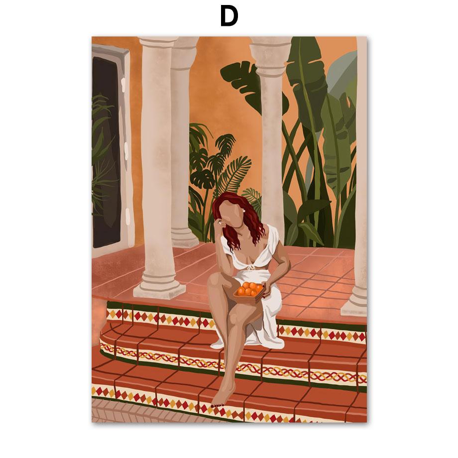 Абстрактная модная девушка, читающая йогу, отдых, пальмовый лист, скандинавский плакат, настенный художественный принт, холст, картина, Декор, фотографии для гостиной