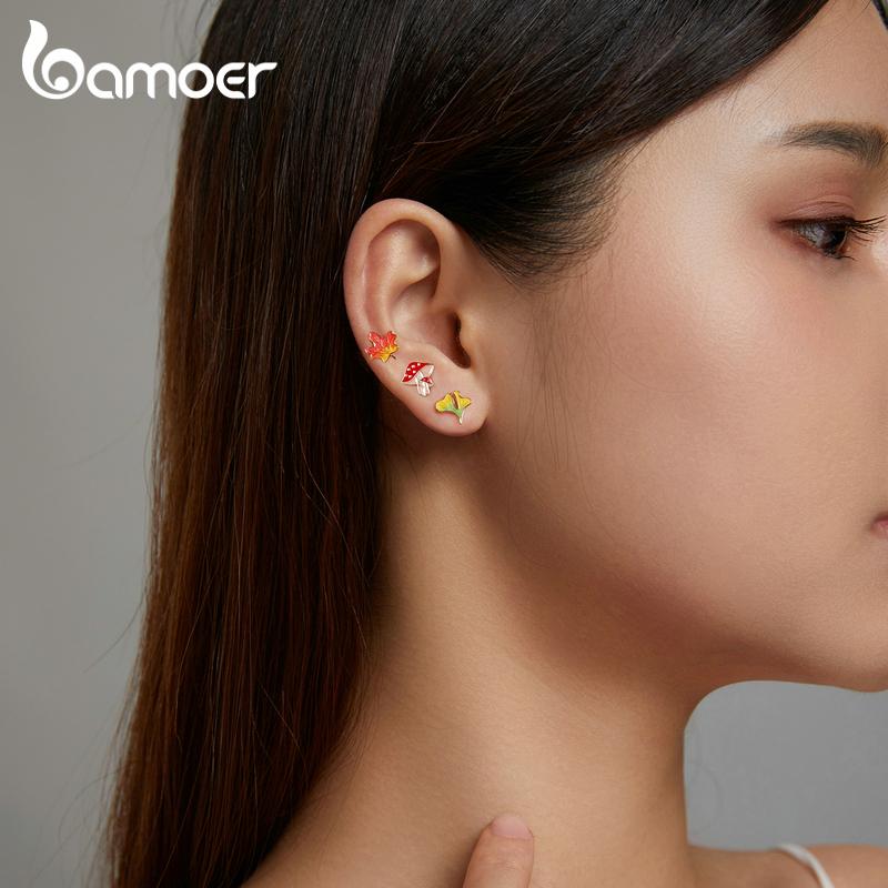 Bamoer 925 Sterling Silver Fun Enamel Bright Maple Leaf Stud Earrings for Women Elegant Fine Jewelry