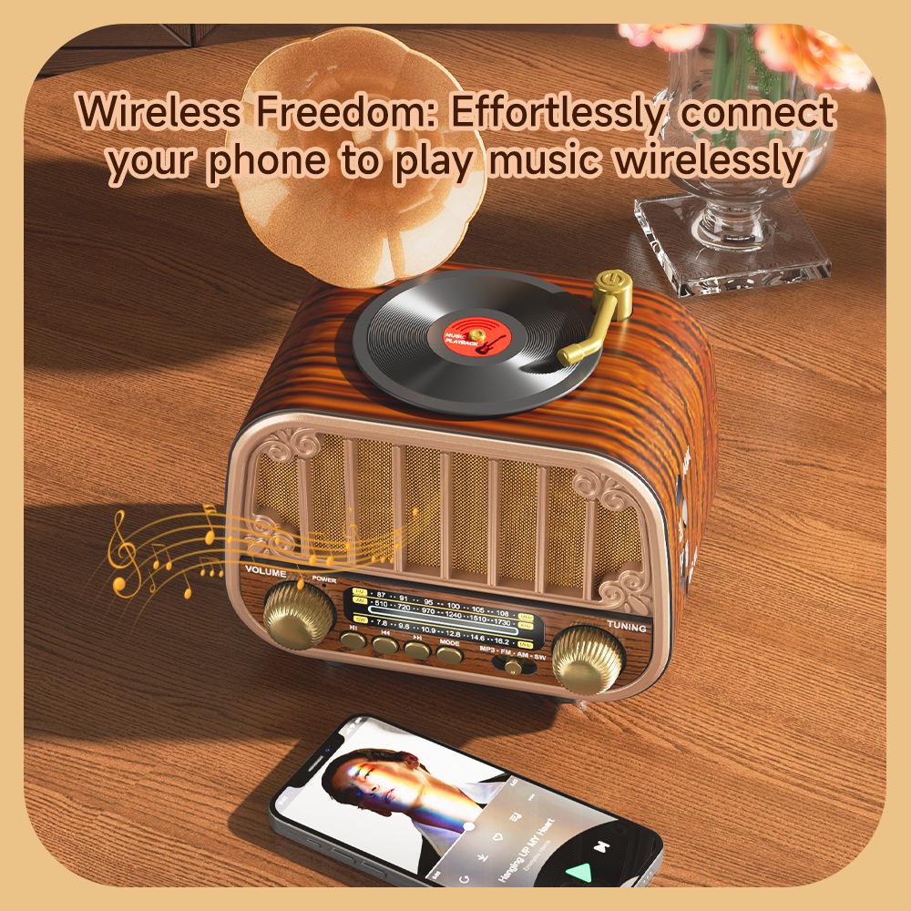 Ретро-портативная Bluetooth-колонка в стиле граммофона с FM/AM/SW радио.