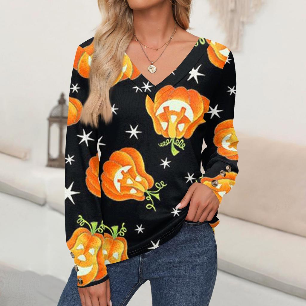 Женские топы с принтом на Хэллоуин, рубашка с длинным рукавом, V-образный вырез, повседневная свободная футболка, осенняя одежда