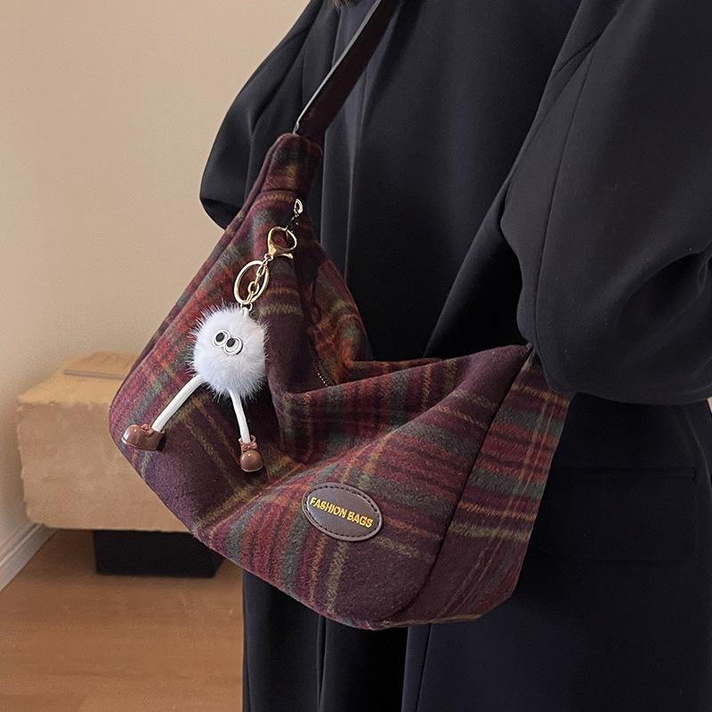 Женская шерстяная сумка в клетку в стиле ретро с большой вместимостью, модная универсальная сумка через плечо для осени и зимы