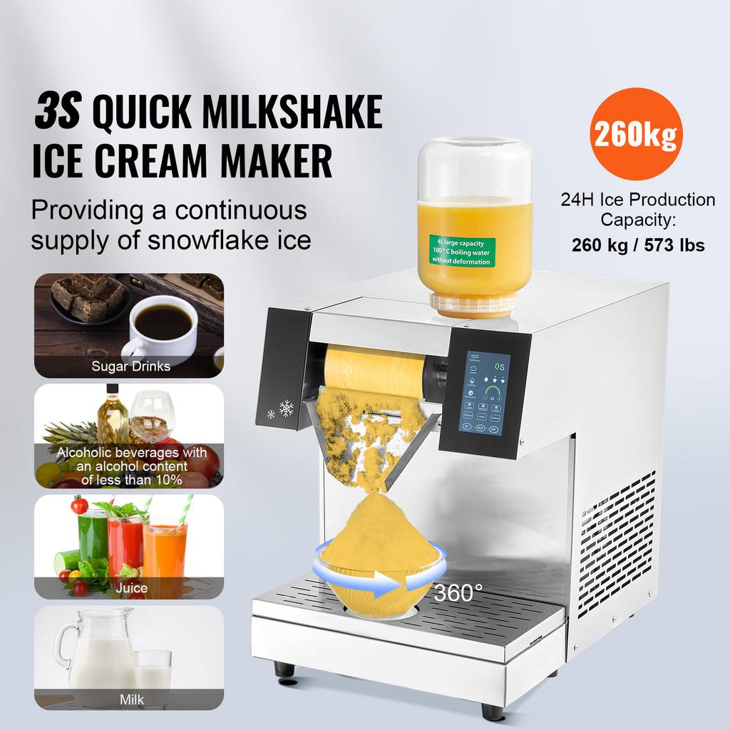 SucceBuy Commercial Snowflake Ice Machine 573LBS/24H Stainless Steel Ice Shaver Machine Electric Snow Cone Maker Air Cooling