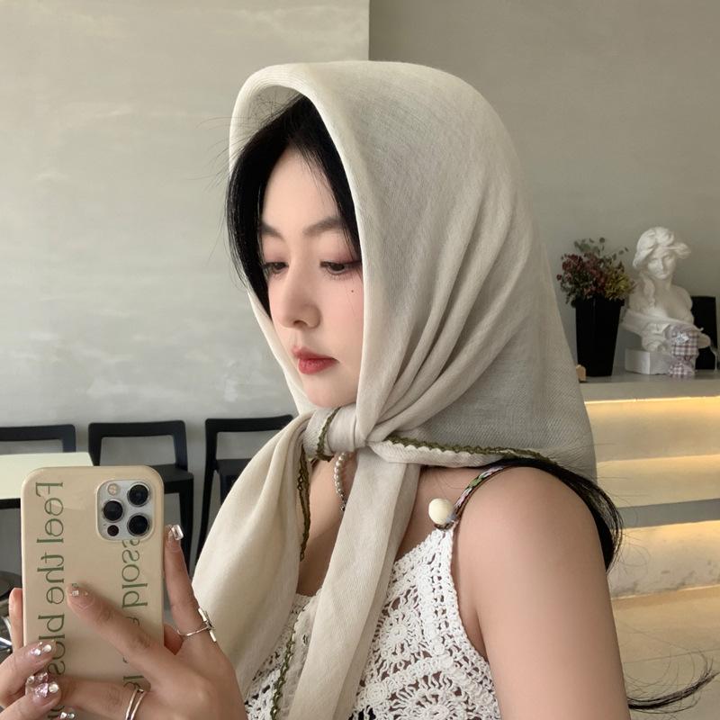 Premium 91cm solid color large square scarf cotton and linen silk scarf women's headscarf thin scarf sun protection shawl outer yarn