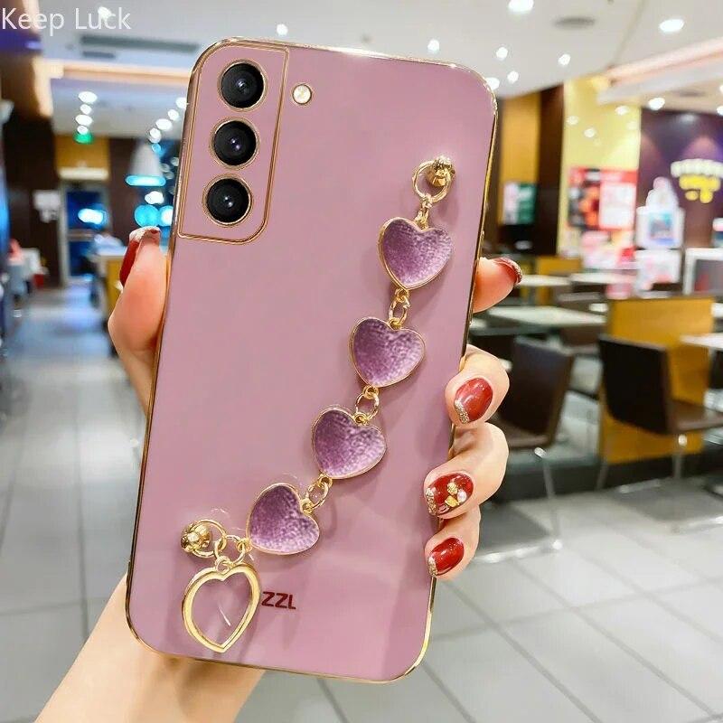 Плюшевый чехол-браслет с сердечком для Samsung Galaxy S23 S22 S21 S20 FE S10 S9 S8 Plus Ultra Note20 10, силиконовый чехол с цепным покрытием