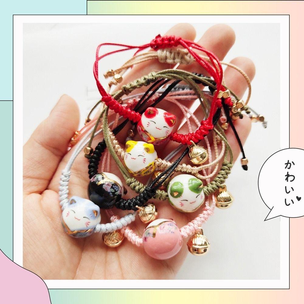Ceramic Cat Pendant Chinese Style Jewelry Red Braided Rope Women Hand Ring Maneki Neko Bracelet