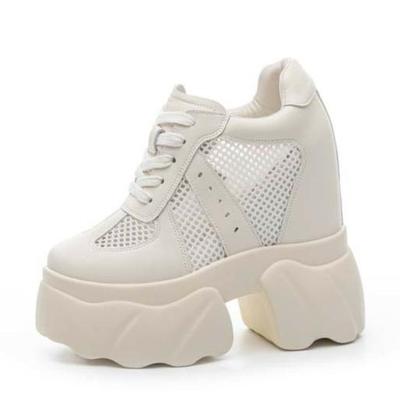 Мода 12 см Женские Летние Туфли из Натуральной Кожи с Воздушной Сеткой на Вулканизированной Платформе-Танкетке, Ультраплатформа-Танкетка, Полые Сандалии-Слайды из Микрофибры