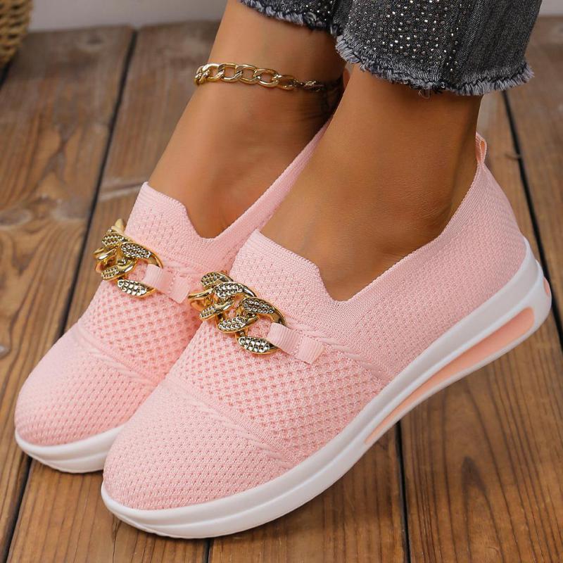 Fashion Women Pink Casual Shoes Breathable Mesh Shoes Woman Lightweight Chain Shallow Ladies Wedge Heels Shoes Spring Autumn Loafers