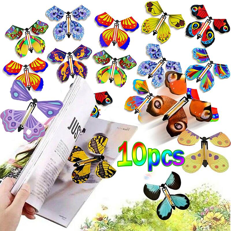 10Pcs Magic Flying Butterflies Wind Up Toy In The Sky Bookmark Greeting Cards Rubber Band Powered Kids Magic Props Surpris Gift