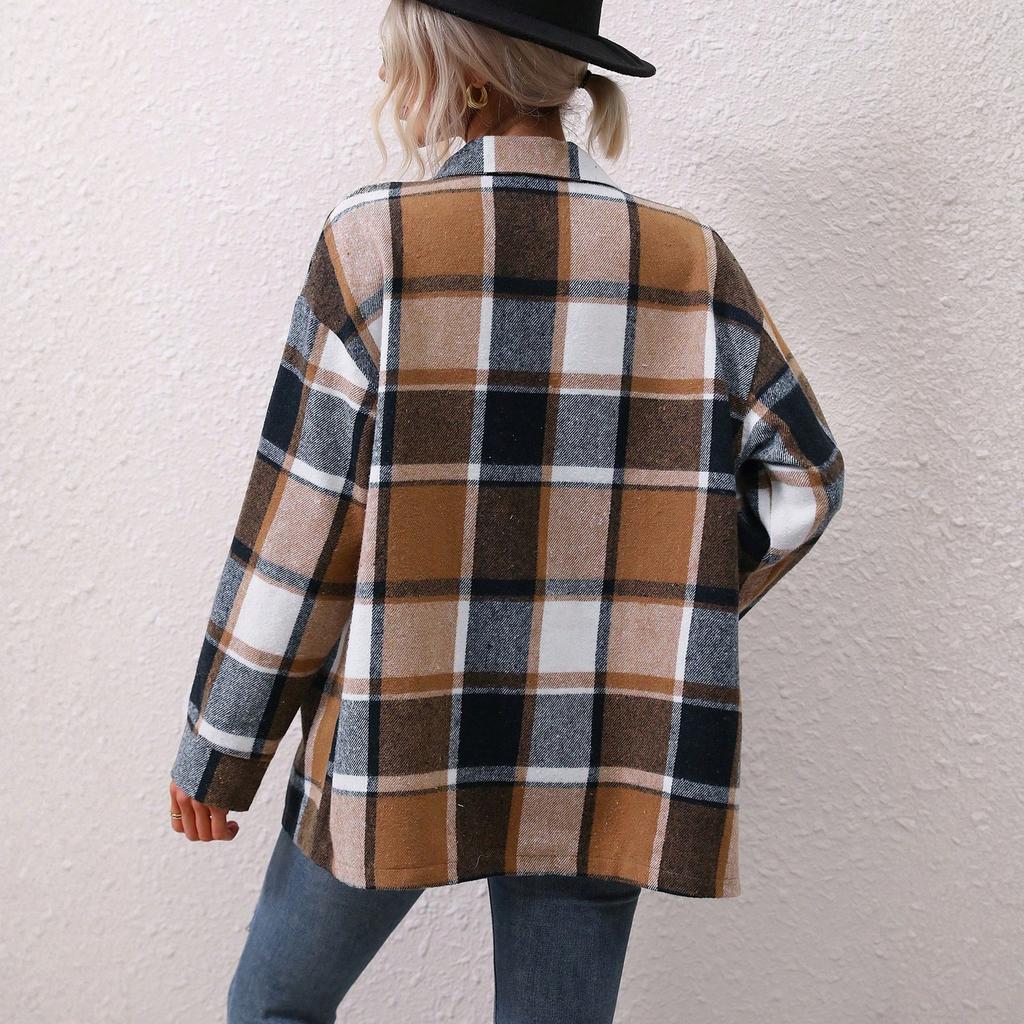 Women's Casual Fashion Woolen Plaid Long Sleeve Cardigan Jacket Top