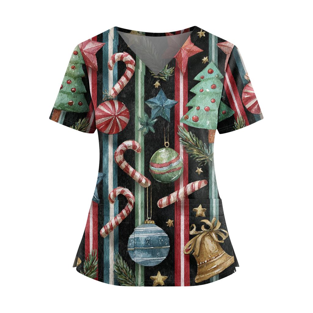 Women's Christmas Print V-Neck Double Pocket Short Sleeves Hem Slit Uniform And Caregiver Top