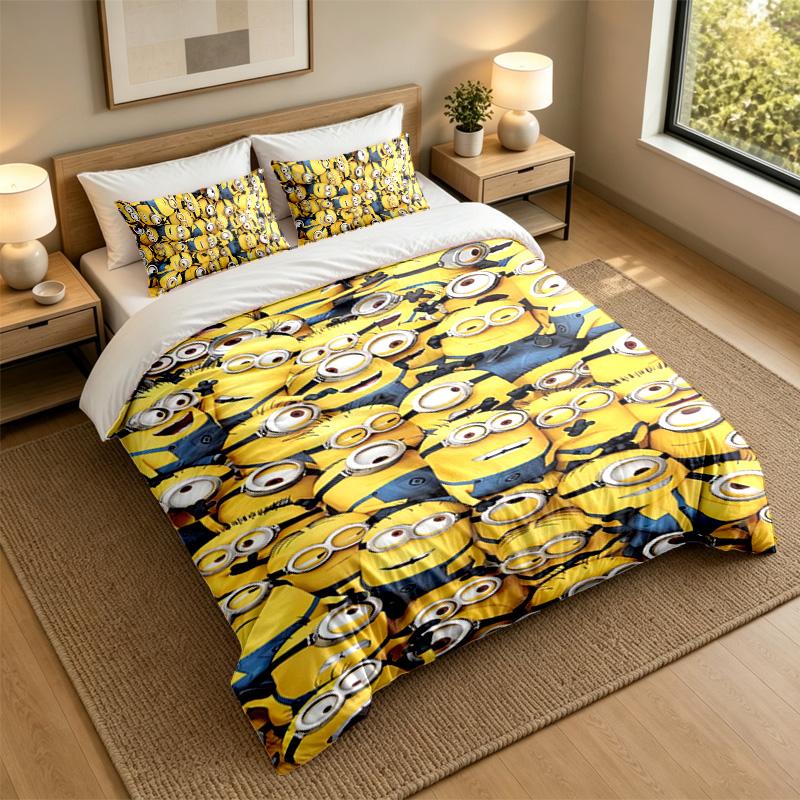 Soft Bedding Set Minions Pattern, 1 Duvet Cover plus 2 Pillowcases Stylish Bedroom Home Textile