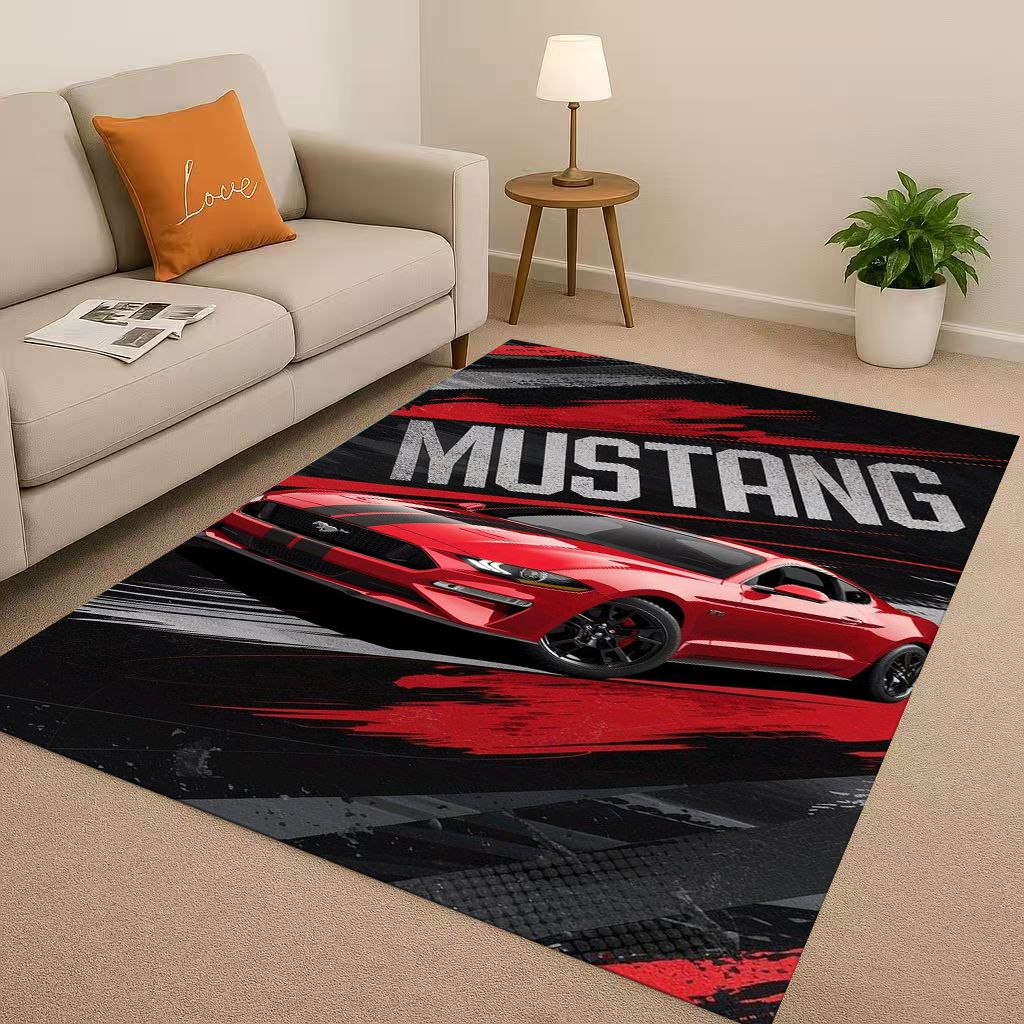 3D Mustang Racing Car Logo Moto Living Room Non-Slip Area Rug Carpet for Bedroom Playroom Sofa,Easy Clean Home Decor Doormat