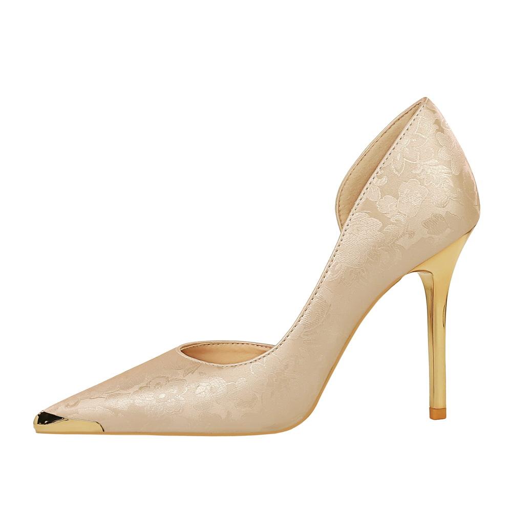 Banquet National Style Women's Shoes High Heels Thin Heel Shallow Mouth Side Hollow Satin Metal Pointed Single Shoes