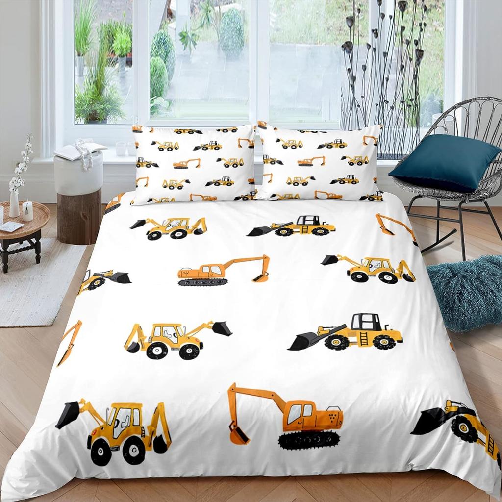 Tractor Crane Bulldozer Duvet Cover Girls Adult Truck Bedding Cover for Kids Boys Teens Stripe Comforter Cover For Kids Children