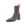 Krazing Pot Cow Leather Flock Winter Square Toe Thick High Heels Zipper Stretch Boots Stovepipe Women Ankle Boots