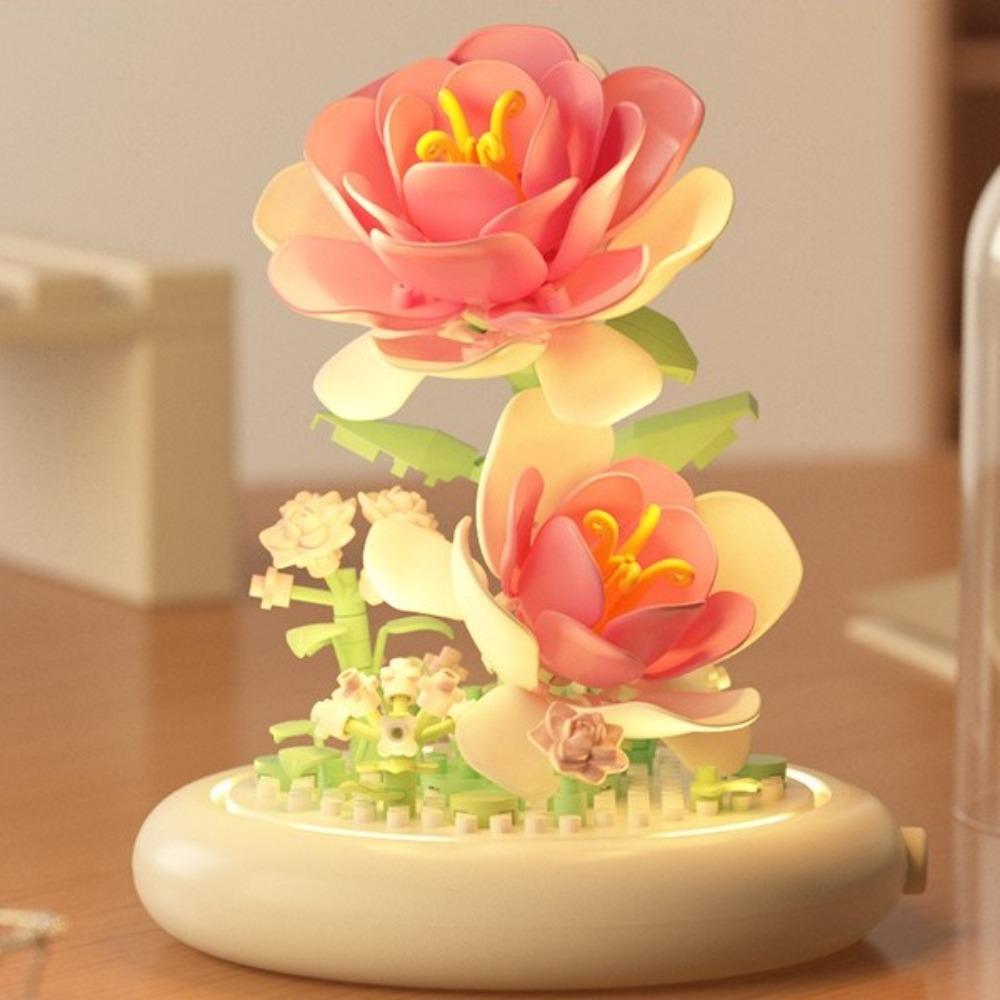 Flower Bouquet Building Blocks With Dust Cover Plastic Plant Bonsai Building Toys Lighted Base Battery Powered Desktop Ornaments