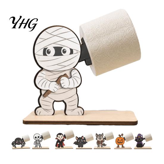 Spooky Bathroom Tissue Storage 2Pcs Halloween Paper Towel Holder, Cartoon Animal Tabletop Roll Dispenser, Wooden Cute Bat Organizer Stand for Kitchen