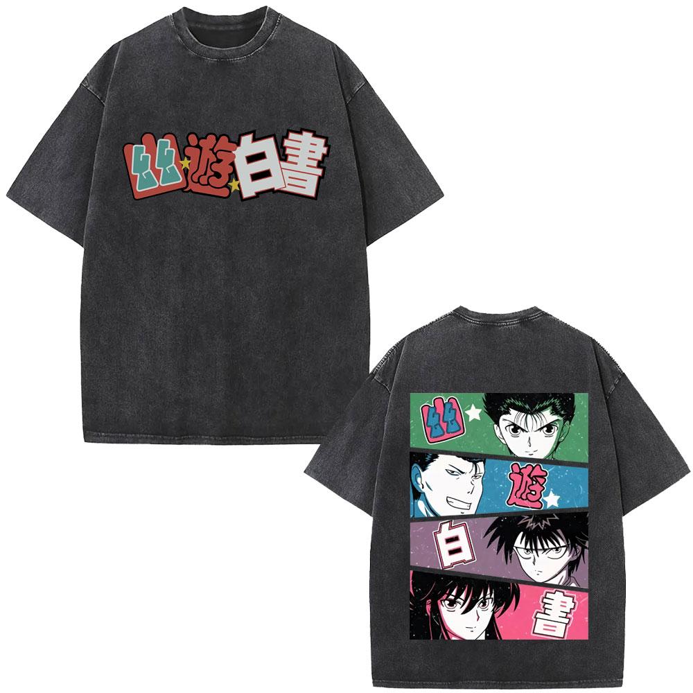 Аниме YuYu Hakusho Винтажная стираная футболка Мужская Женская Одежда Мультяшная Оверсайз Футболка Мужская Хип-Хоп Ретро Футболки Уличная одежда