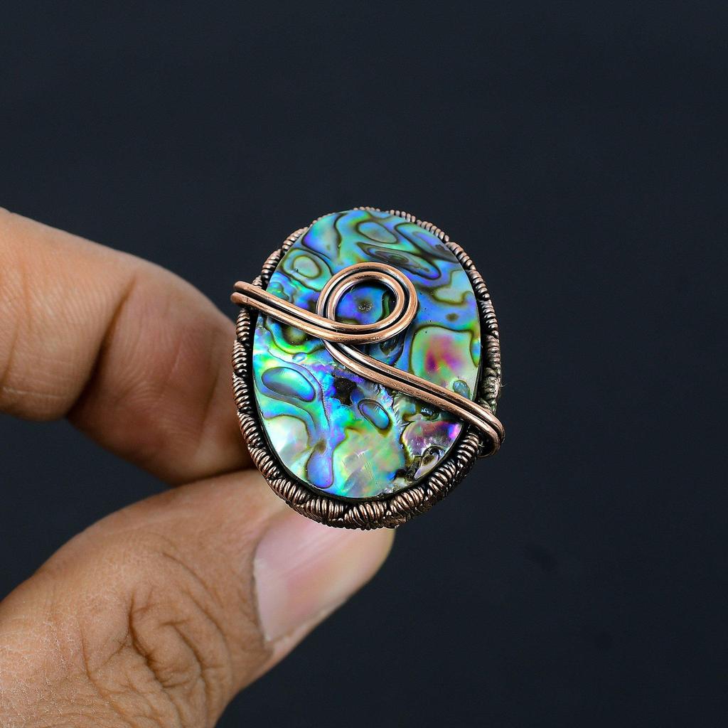 Abalone Shell Gemstone Copper Wire Wrapped Handmade Jewelry Ring For Woman