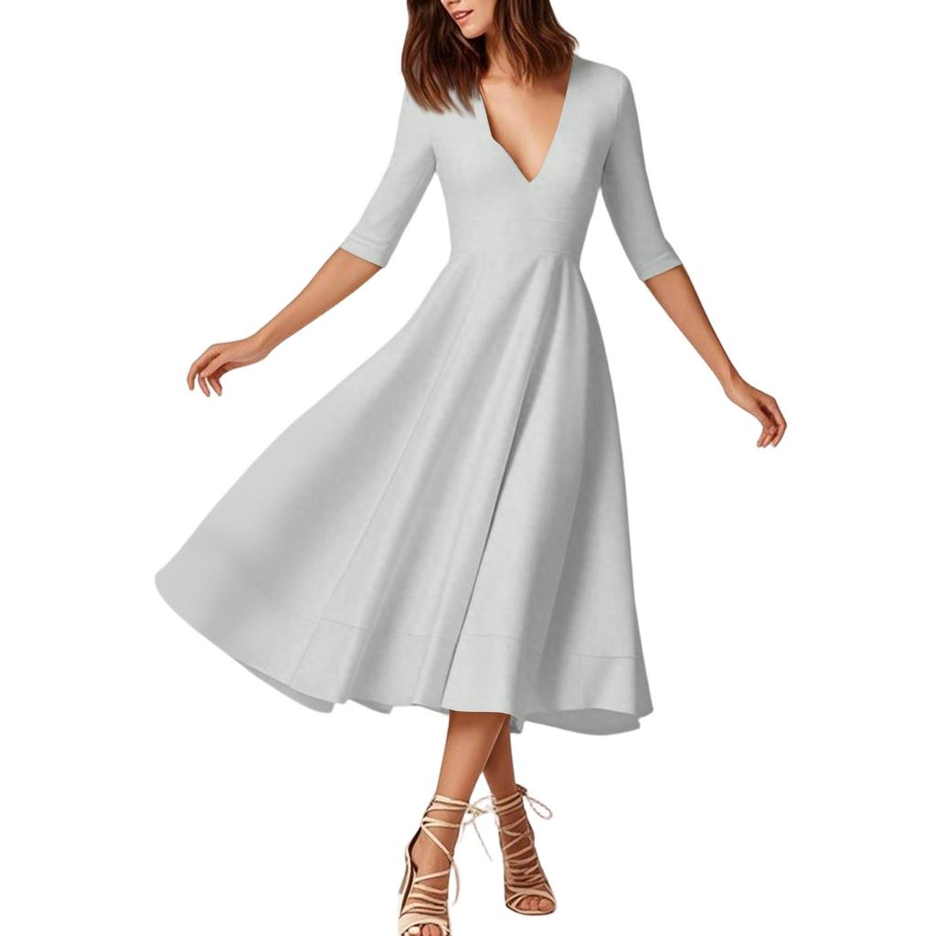 Женское модное платье средней длины со средним рукавом, сексуальное платье с V-образным вырезом