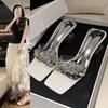 Crystal Thick-heeled Sandals Women's Summer 2025 New Rhinestone High-heeled Shoes Square Head Word with Medium Heel Temperament Slippers