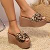 Women's Wedge Slippers Leopard Print Bow Slippers 2025 Summer New Casual Slippers for Women High-heeled Platform Slipper
