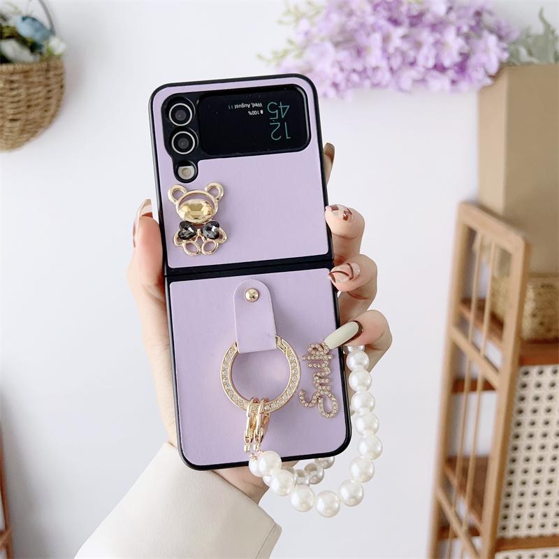 Милый чехол для телефона с кольцом на палец и жемчужной цепочкой для Samsung Galaxy Z Flip 4 3, чехлы с украшениями из мультфильма медведя для Z Flip3 Flip4 5G