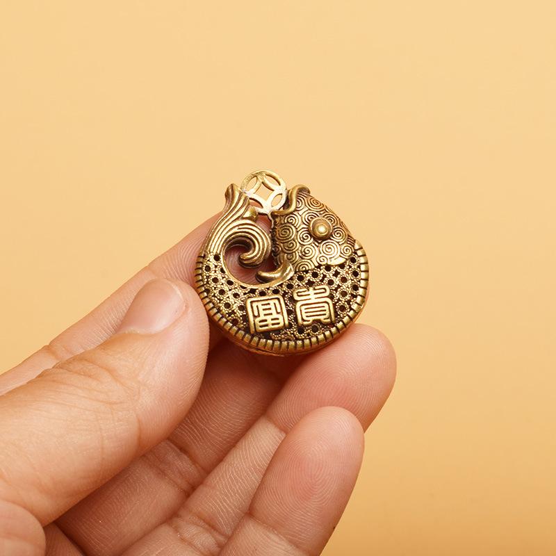 Brass Dragon Boat Keychain with Peace & Luck and Peanut Apple Pendant