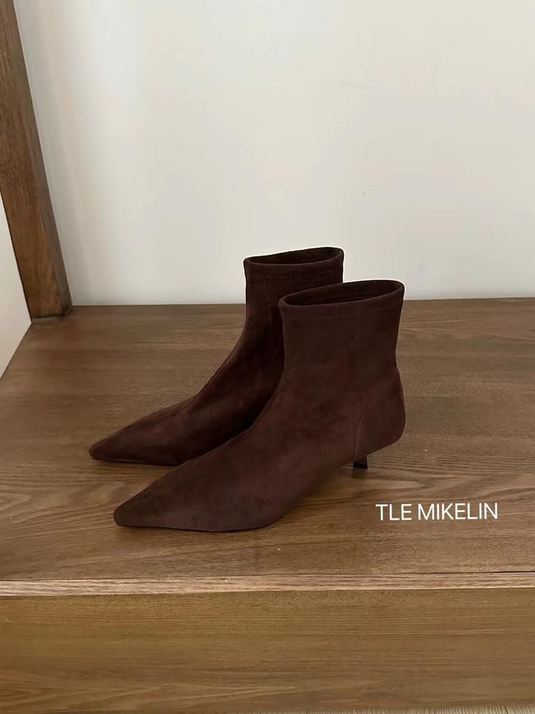 2025 Autumn and Winter New Suede Small Square Head Thin Heel Short Boots Women's Small Heel Temperament High Heels Elastic Thin Boots