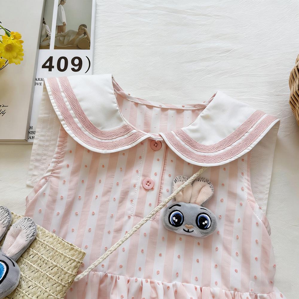 Girls' 3D Bunny Bud Skirt Dress - Striped Polka Dot, Sleeveless, Summer 2026 Academy Style