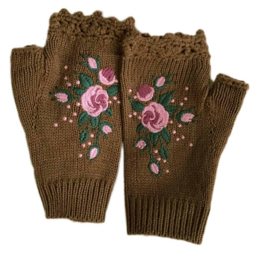 Вязаные митенки с отверстиями для большого пальца, с цветочной вышивкой пчелы, цветочные варежки, зимние