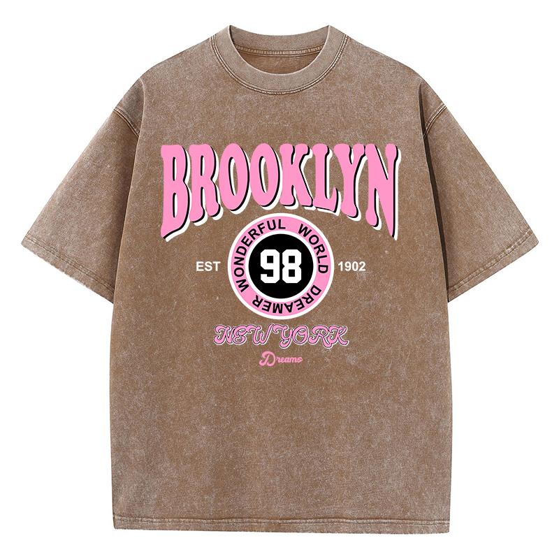 Женские стиранные футболки Бруклин Прекрасный мир Мечтатель Принтованные футболки Хлопок Оверсайз С круглым вырезом Футболки Уличная одежда