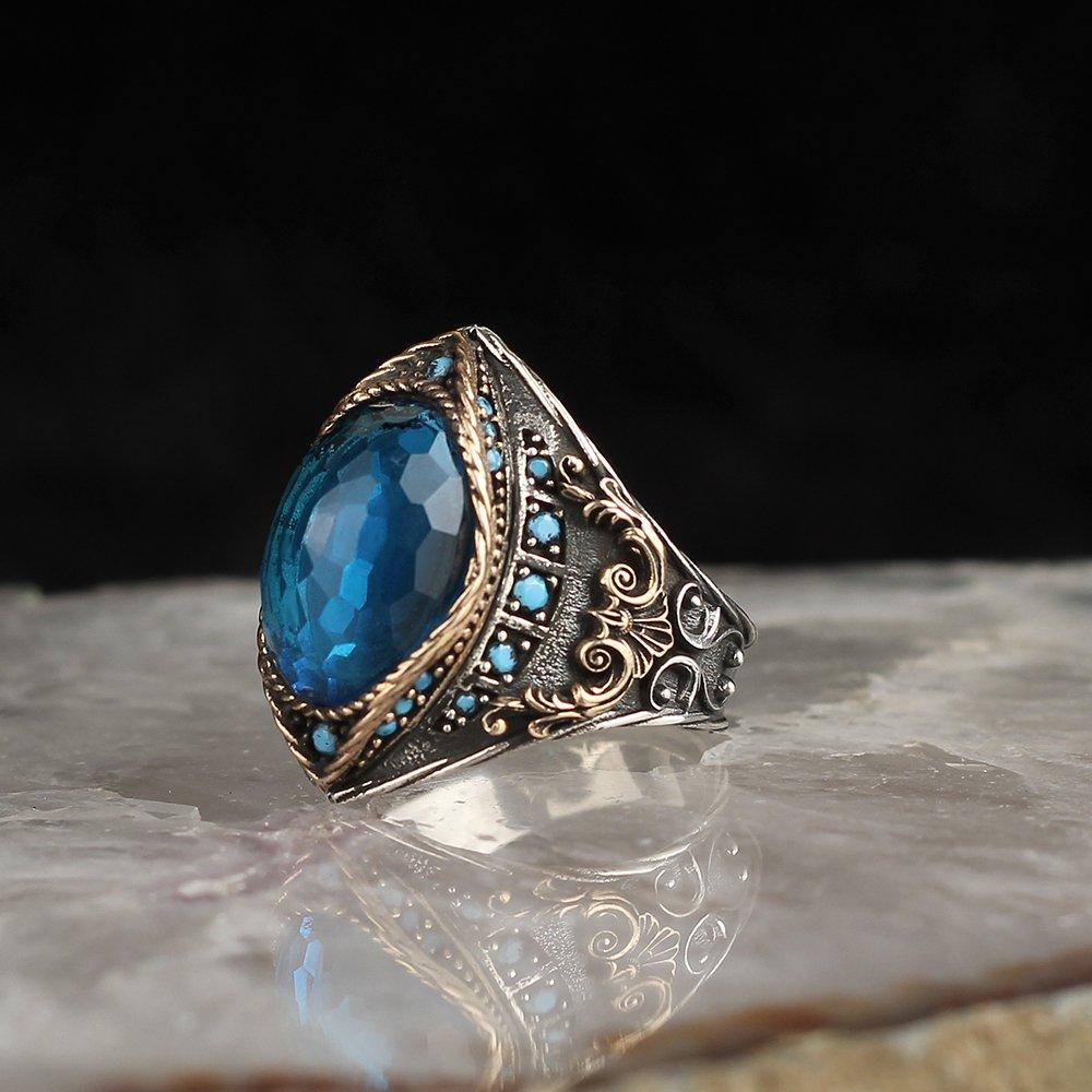 Aqua Marine Taşlı 925 Ayar Gümüş Erkek Yüzük