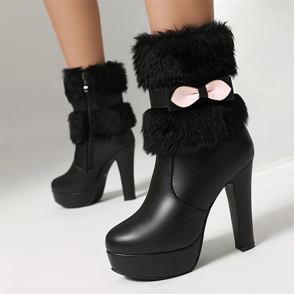 Мода 2025 Зима Женская Мода Сапоги на Высоком Каблуке Белые Черные Меховые Кисточки Бант Прелестные Лолита Женские Вечерние Свадебные Туфли Размер 35-43