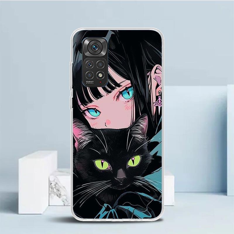 Милый черный кот в стиле аниме Чехол для телефона Xiaomi Redmi Note 15 14 14S 13 12S 12 Pro Plus 11S 11 11T 11E 10S 10 + Мягкий ТПУ Задняя крышка C