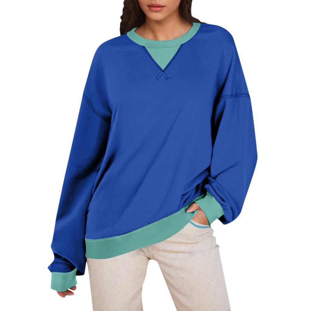 Женская толстовка большого размера с цветными блоками, толстовки с длинным рукавом, рубашка с круглым вырезом, осенний пуловер, топ, модная одежда