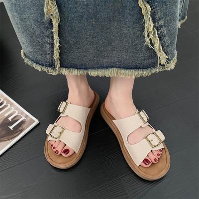2025 лето новый мягкая подошва верхняя одежда ремень с пряжкой крутые шлепанцы женские наступать на говно ощущение ретро кэжуал плоские пляжные туфли
