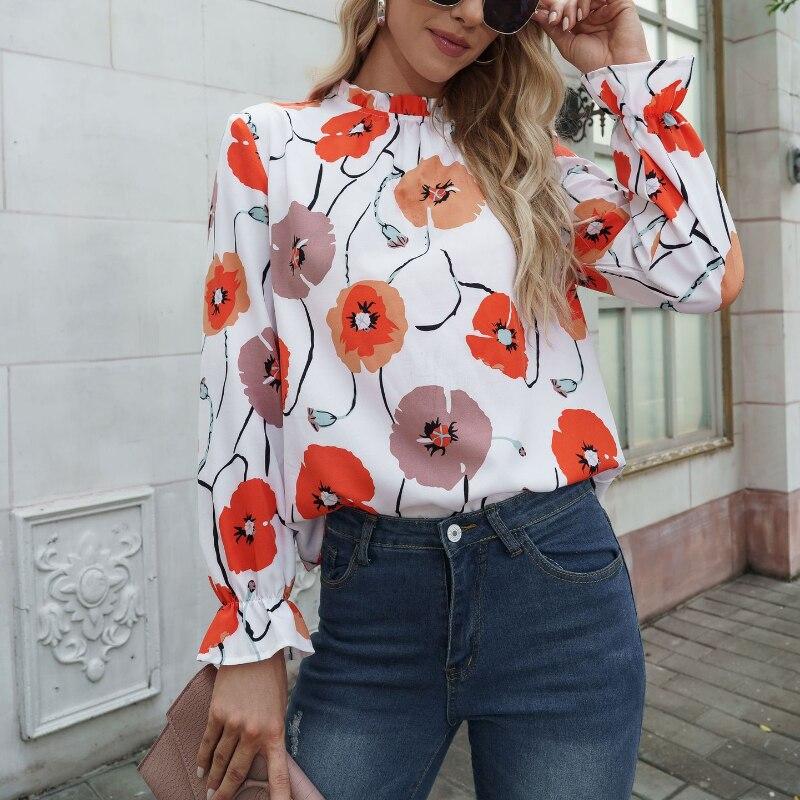 Весенние расклешенные топы с длинными рукавами, элегантная офисная женская рубашка с рюшами, модная блузка с цветочным принтом, женская одежда Blusas De Mujer 25720