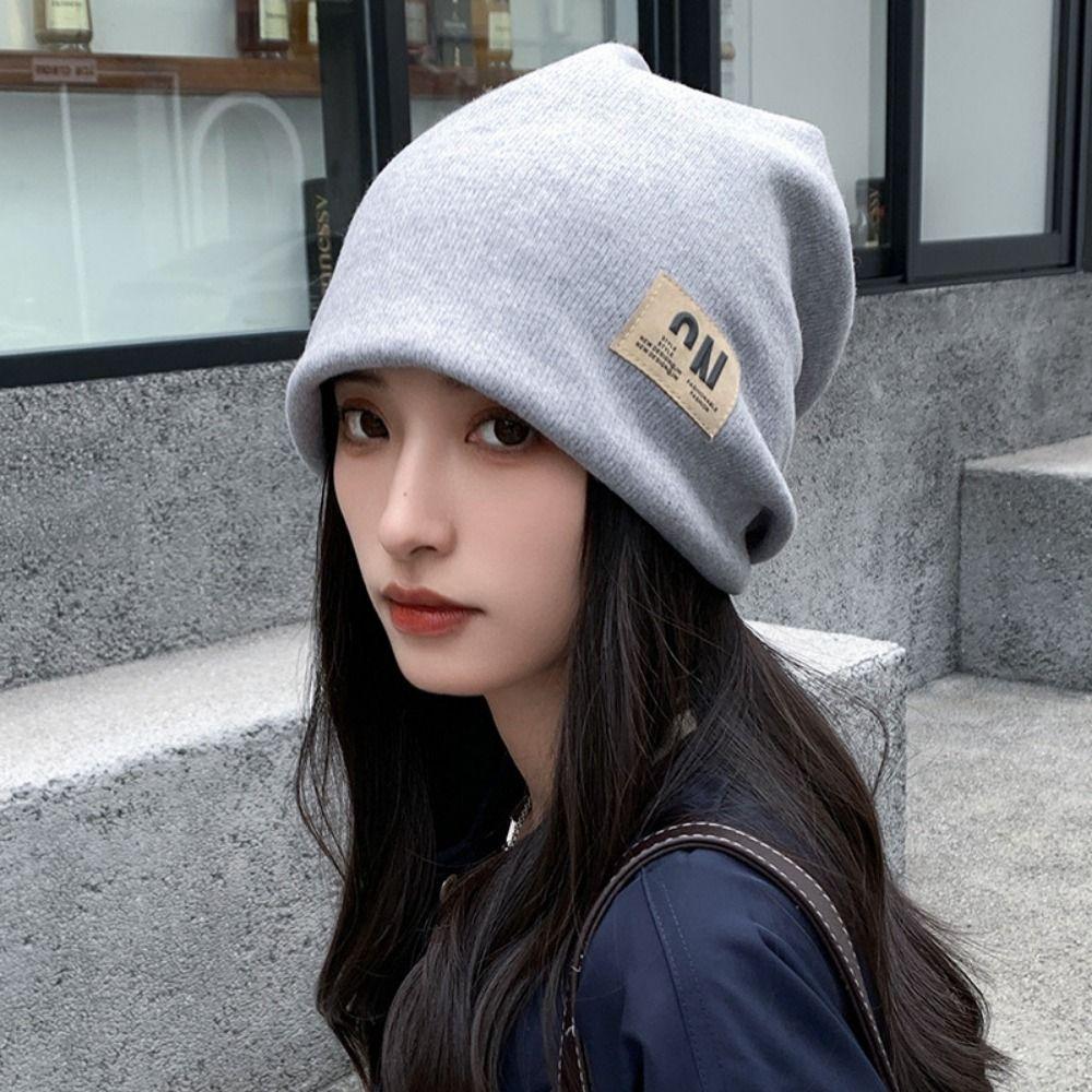 Coldproof Fleece Knit Beanies Thickened Letter Pullover Hats Harajuku Warm Cap Female