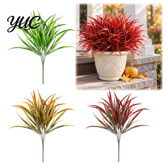 Artificial Greenery Decor 1/12Pcs 5-Fork Plants, UV Resistant Faux Stem Decoration, Realistic Fake Plants Plastic Grass for Outdoor Garden Patio Porch