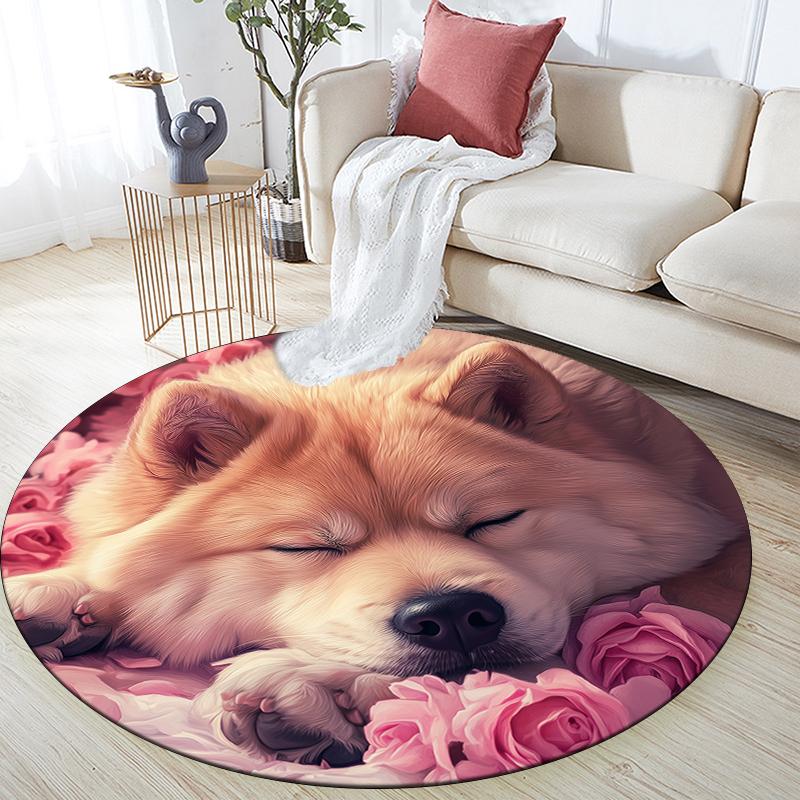 Shiba Inu and rose pattern round rug,Carpet Rug for Living Room Bedroom Playroom ,Non-slip Floor Mat,Holiday Gifts and Birthday Gifts.