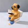 Pug Sitting On Toilet Figurine Reading Book Dog Resin Statue Puppy Animal Sculpture