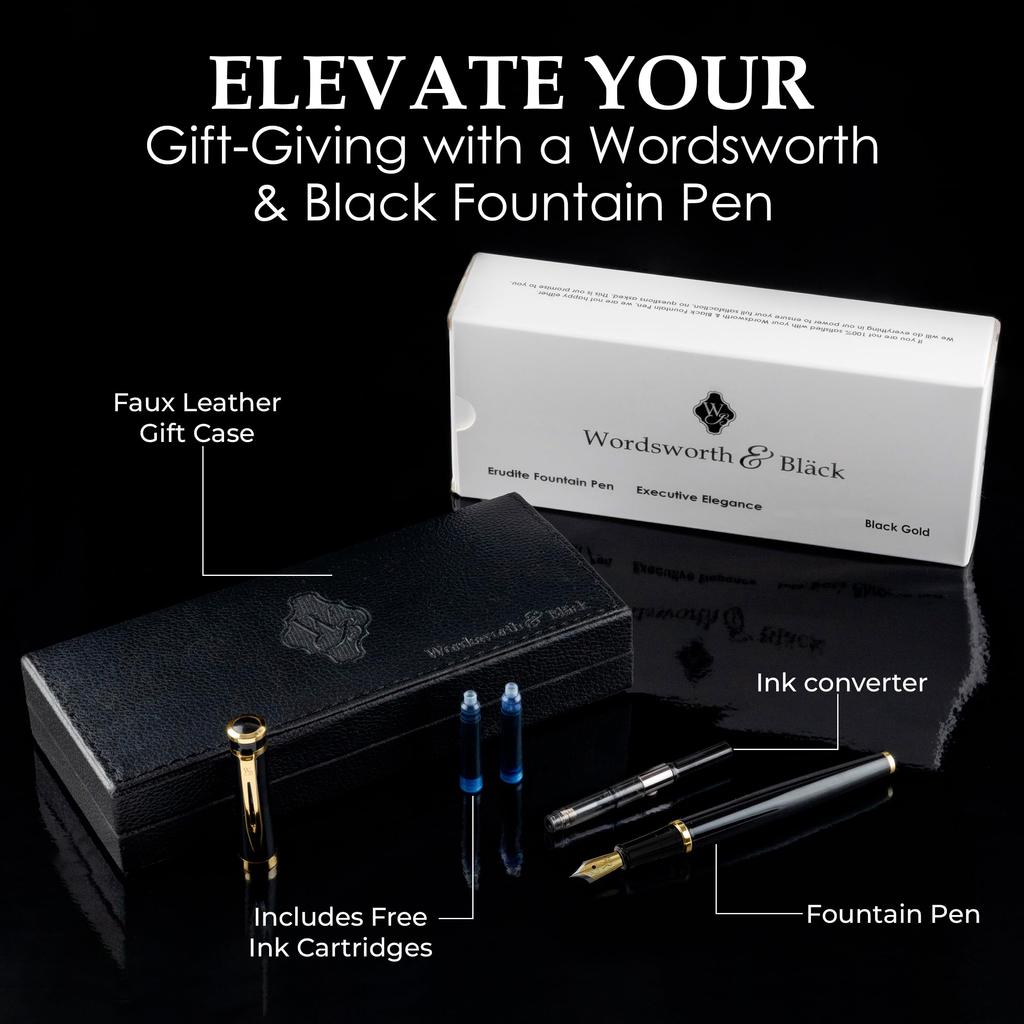Wordsworth Black Fountain Pen 18K Glided Broad Includes 24 Pack Ink Ink Refill Converter Gift Gold Perfect for Men Women & Set, Nib, Cartridges, &