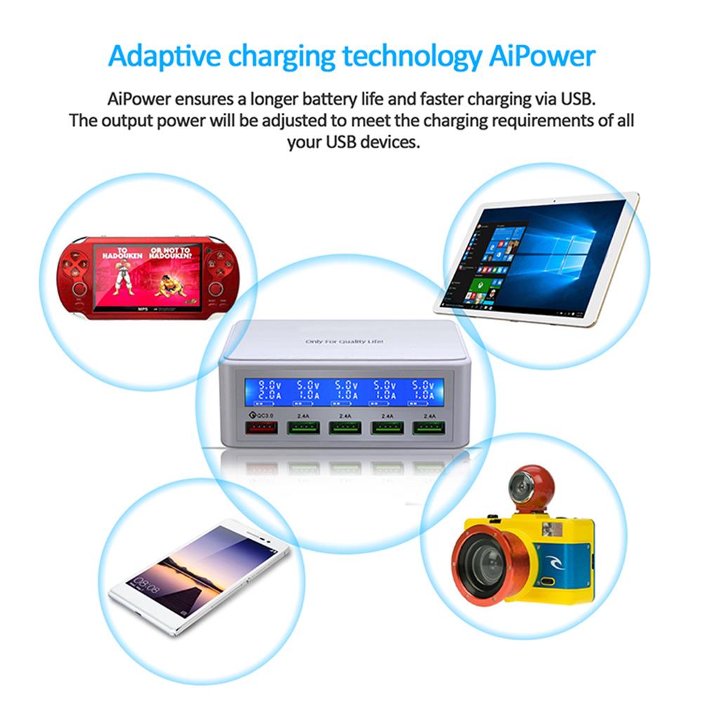 Зарядная станция USB мощностью 50 Вт. Многопортовое зарядное устройство USB-концентратора. Зарядное устройство USB QC 3.0 с ЖК-дисплеем. 5 портов USB.