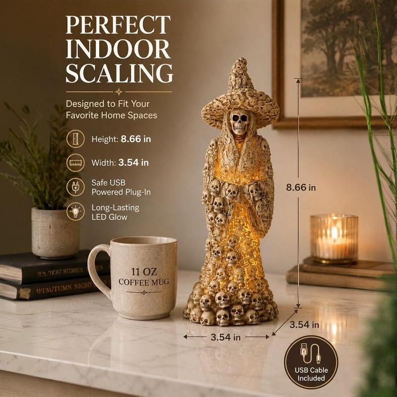 Warm Light Skeleton Witch Ornament Lantern USB Powered Glowing Skull Statue Haunted House Decor Cozy Gothic Room Decor For Halloween Mantel Display