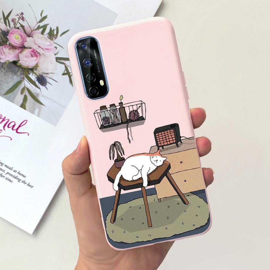 For Realme 7 4G Global Version Case Matte Liquid Silicone Bumper Shell For Realme7 RMX2155 Back Cover Lovely Cat Design Fundas